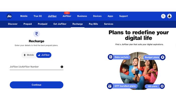 Jio Fibre Home page